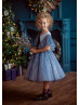 V Neck Two-tone Blue Sequin Pearls Tulle Fashion Flower Girl Dress